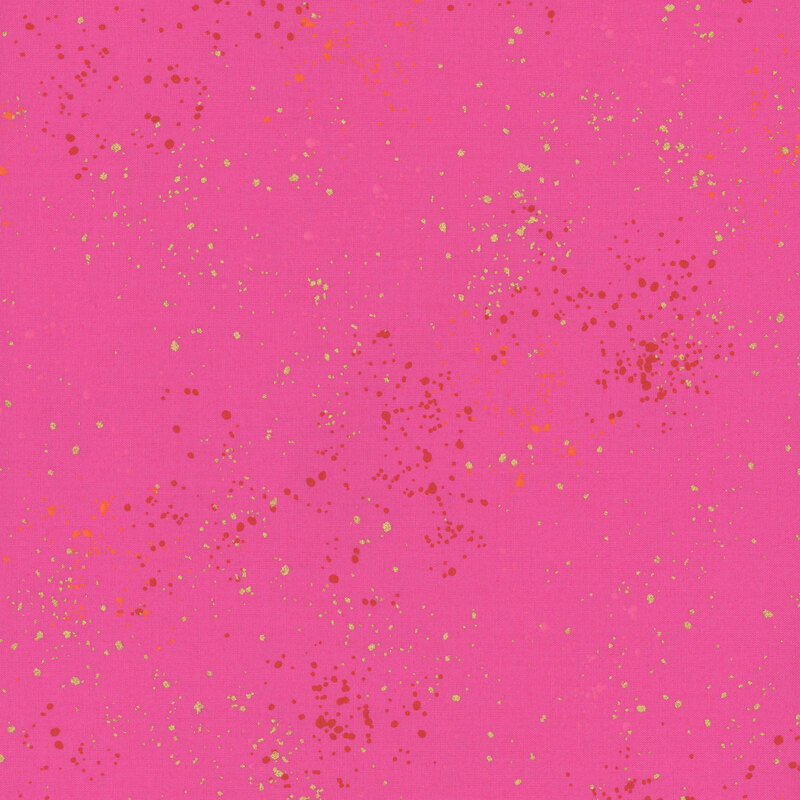 Vibrant pink fabric with splatters of red, orange, bubblegum pink, and metallic gold