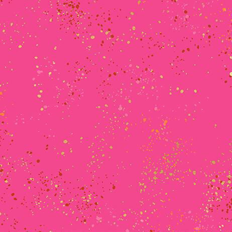 Vibrant pink fabric with natural metallic splatters of yellow, red, orange, and bubblegum pink.