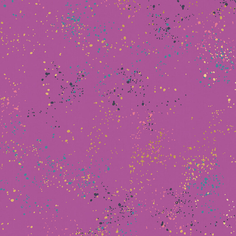 Dark magenta fabric with natural metallic splatters of turquoise, peach, dark green, and yellow.