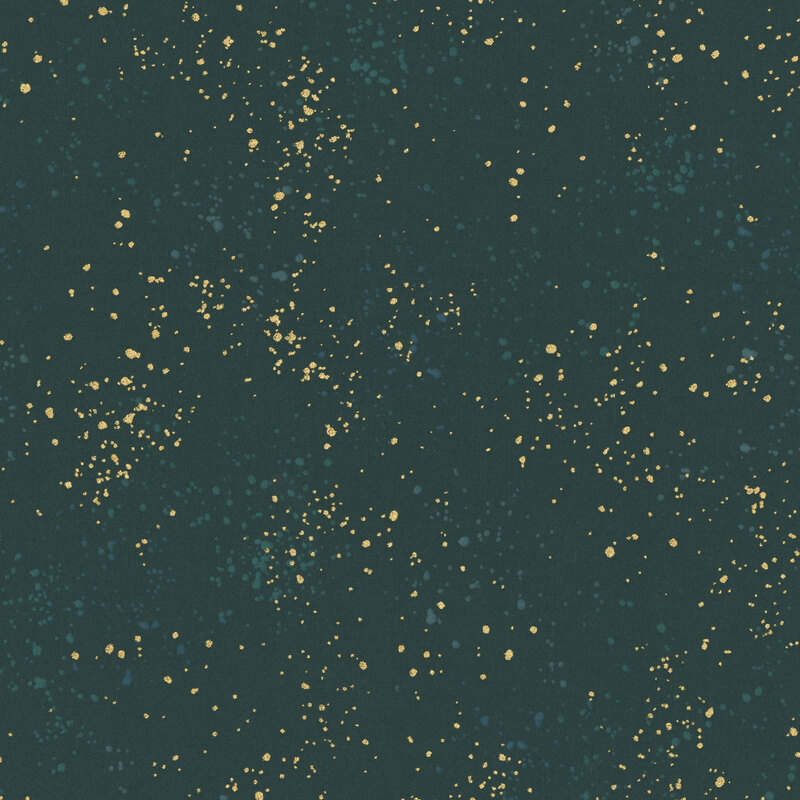 Pine green fabric with natural metallic splatters of soft green and yellow gold.