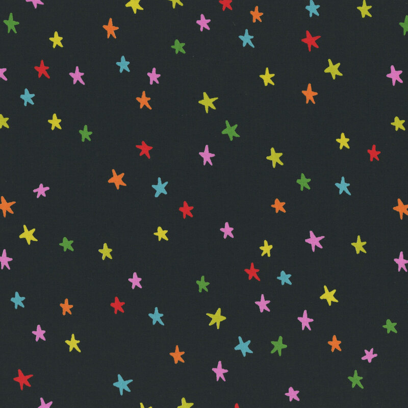 Black fabric with a pattern of colorful stars.