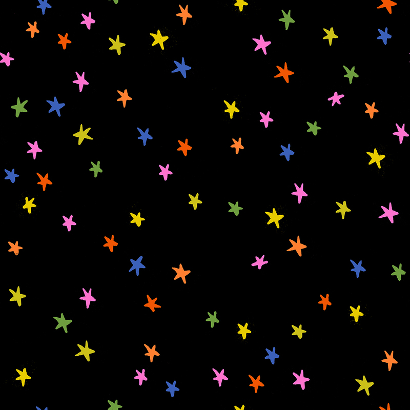 Black fabric with a pattern of colorful stars.