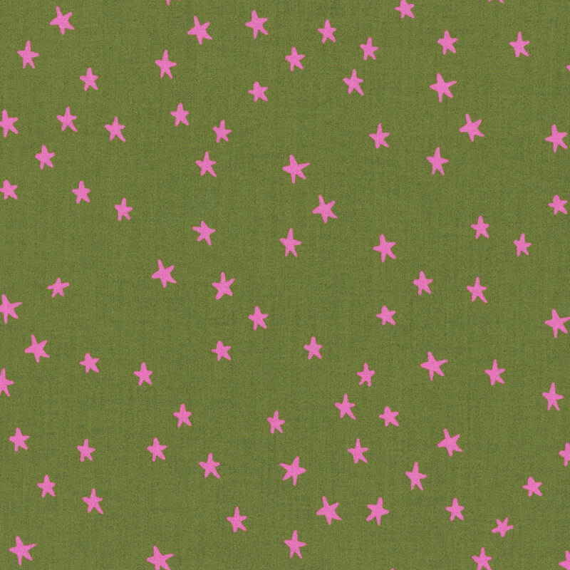 Olive green fabric with pink stars.