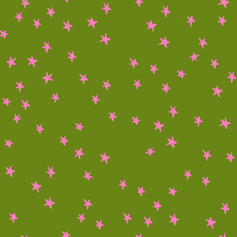 Green fabric with pink stars.