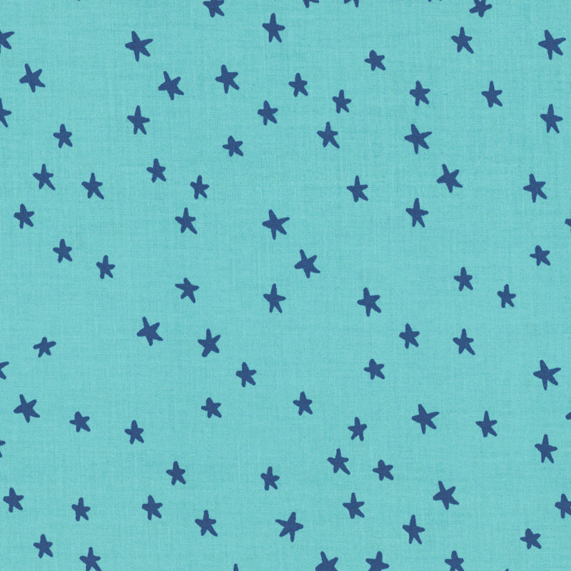 Turquoise fabric with a pattern of scattered navy stars. 