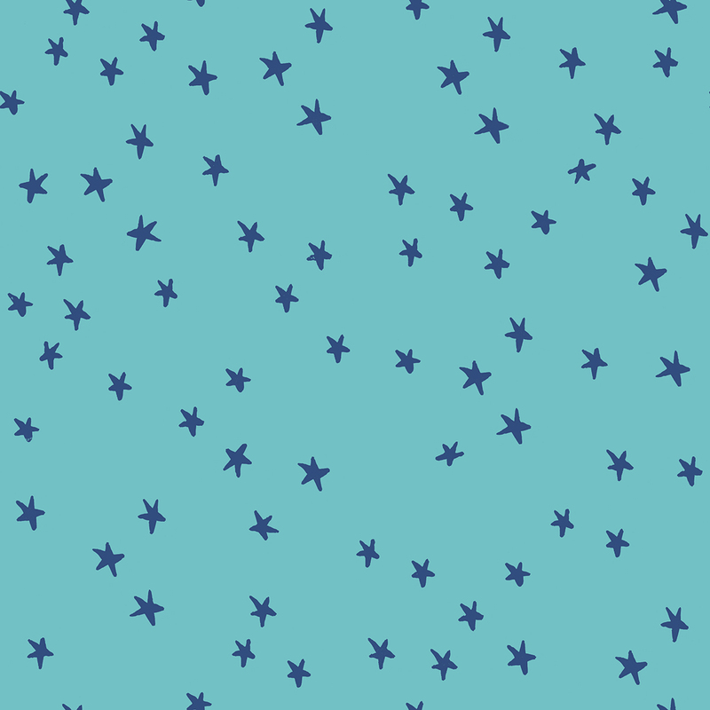 Bright aqua fabric with a pattern of scattered navy stars. 