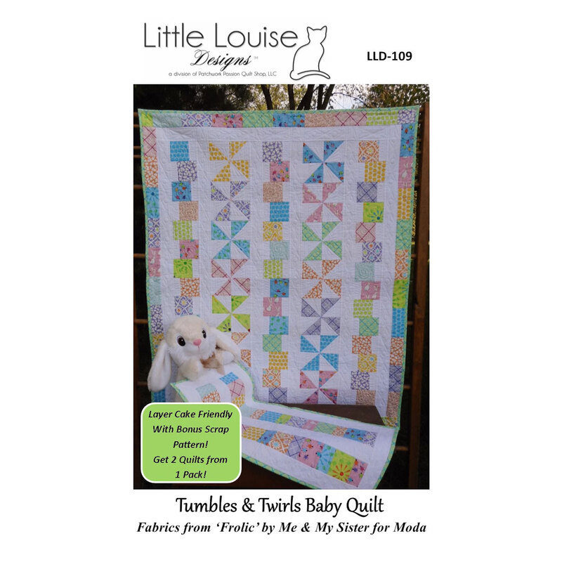 Cover image of Tumbles & Twirls Baby Quilt, featuring two colorful patchwork quilts, one mini, staged with a plush bunny.