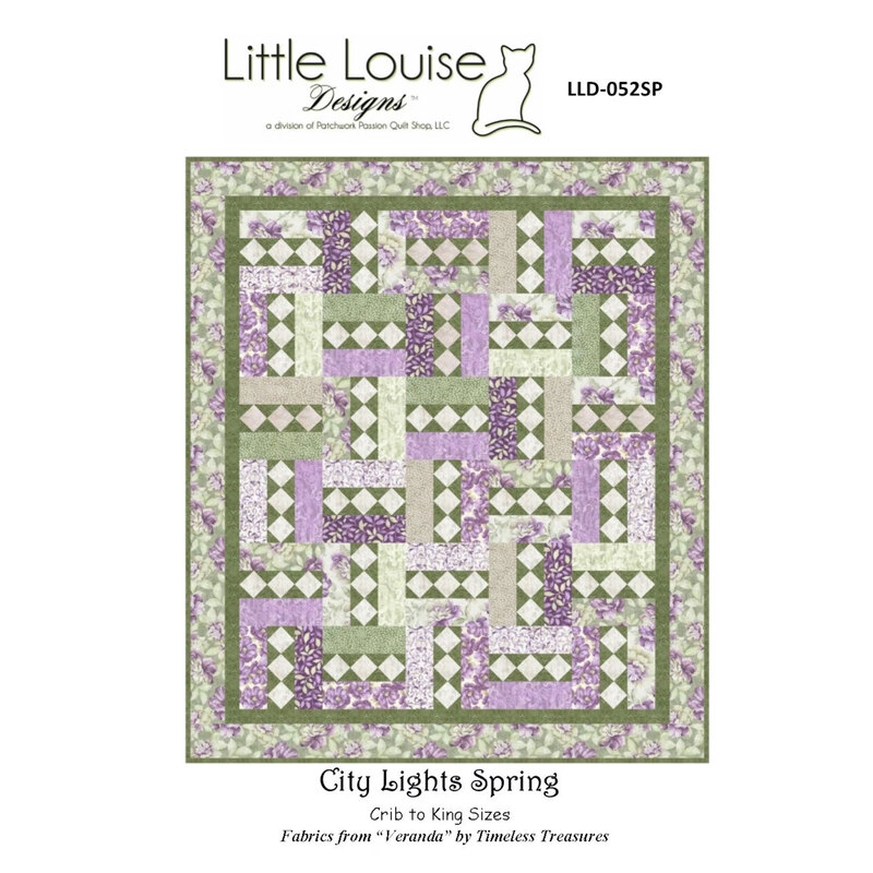 Pattern cover for City Lights Spring quilt featuring geometric blocks in lavender and green.