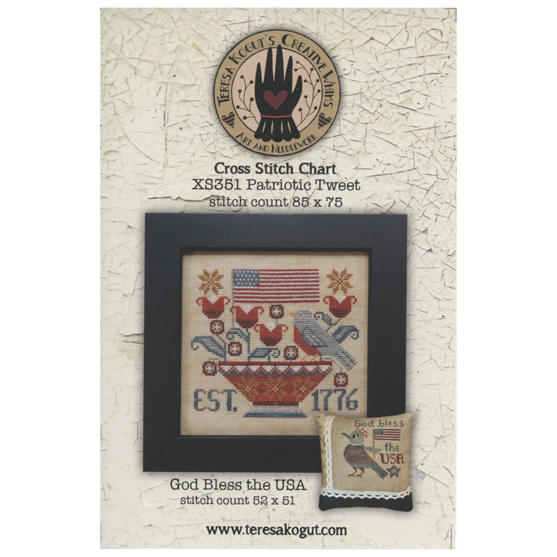 Patriotic Tweet front cover featuring both patterns finished - one framed and the other as a pillow.