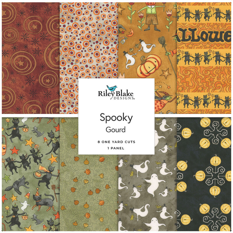 A collection of Halloween-themed fabric patterns, featuring ghosts, pumpkins, and playful designs.
