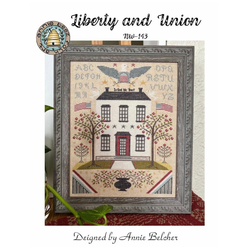 Front cover image of the Liberty and Union pattern featuring the finished cross stitch project framed.