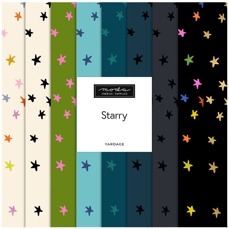 A fabric collection with colorful stars on various backgrounds, labeled Starry by Moda Fabrics.