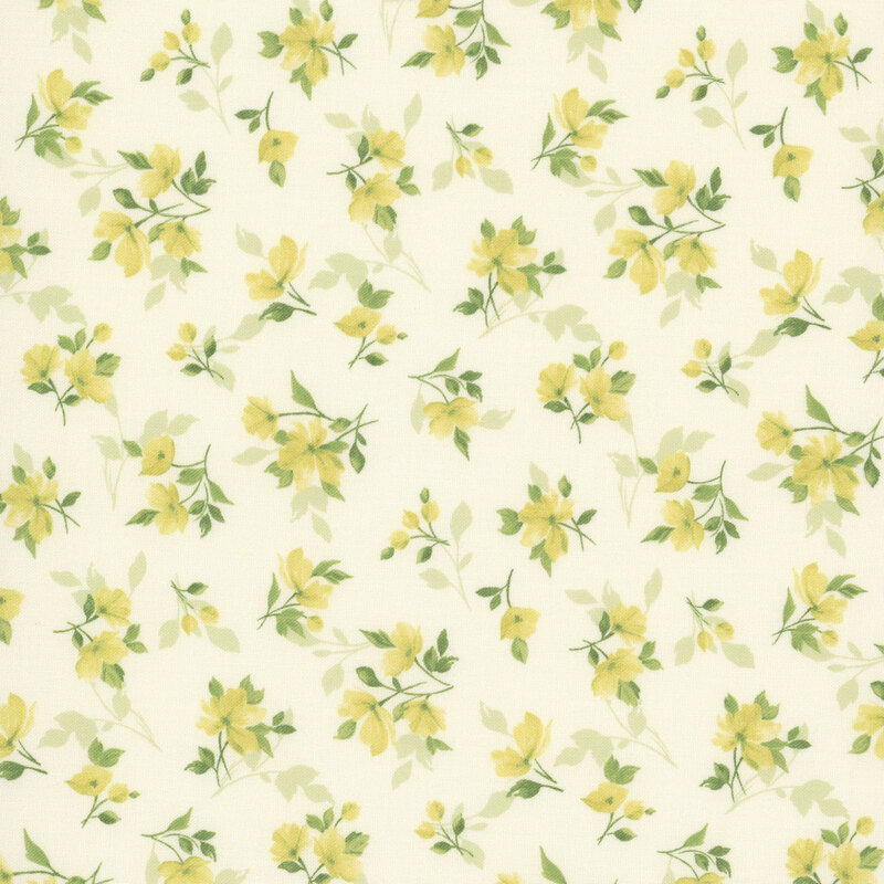 Tossed yellow florals on top of a cream fabric.