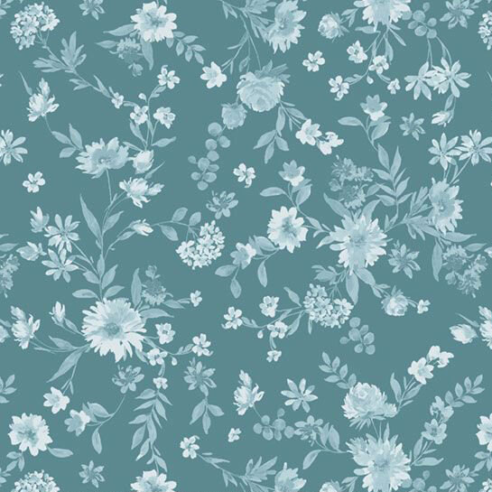 Scattered light blue florals on a dark teal fabric.
