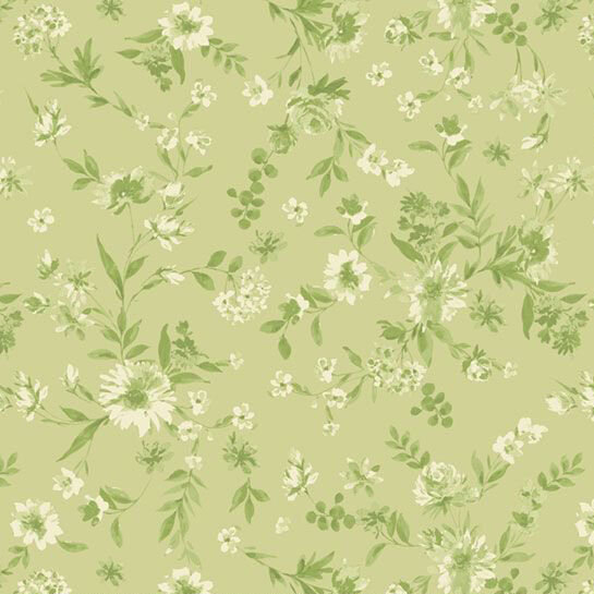 Green florals scattered on a pistachio green fabric.