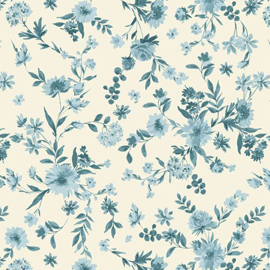 Light blue and dark teal florals scattered on a cream fabric.