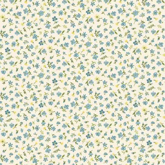 Small blue and yellow florals tossed in a ditsy pattern onto a cream fabric.