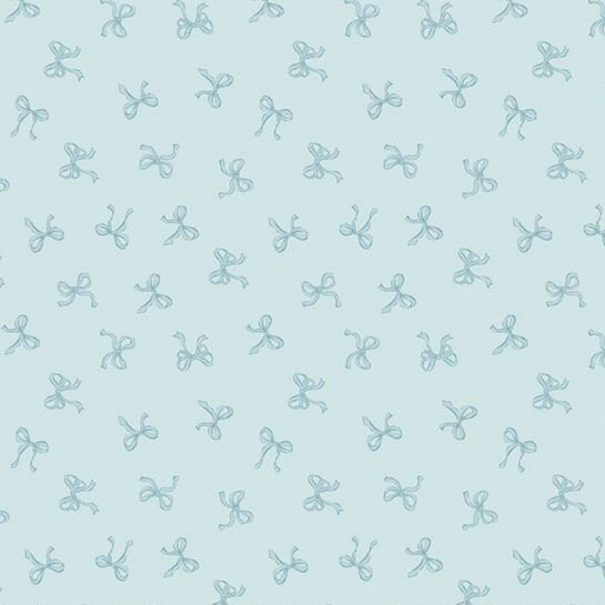 Small blue bows tossed onto a baby blue fabric.