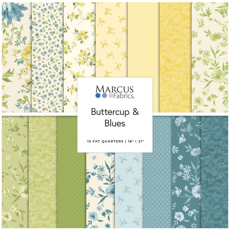 Collage of the Fat Quarter bundle from the Buttercup & Blues for Marcus Fabrics collection.