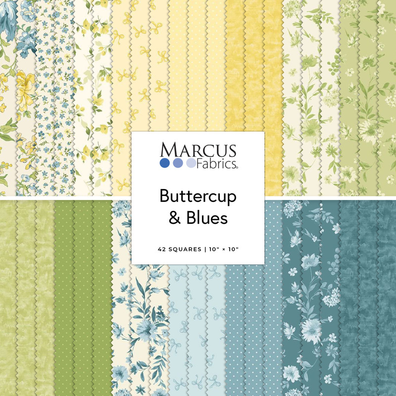 Collage of the 10" Square Cut bundle from the Buttercup & Blues for Marcus Fabrics collection.