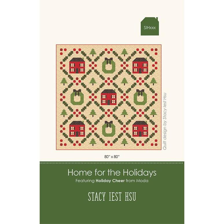 Design for a quilt titled Home for the Holidays, featuring cheerful holiday elements like red houses and green trees.