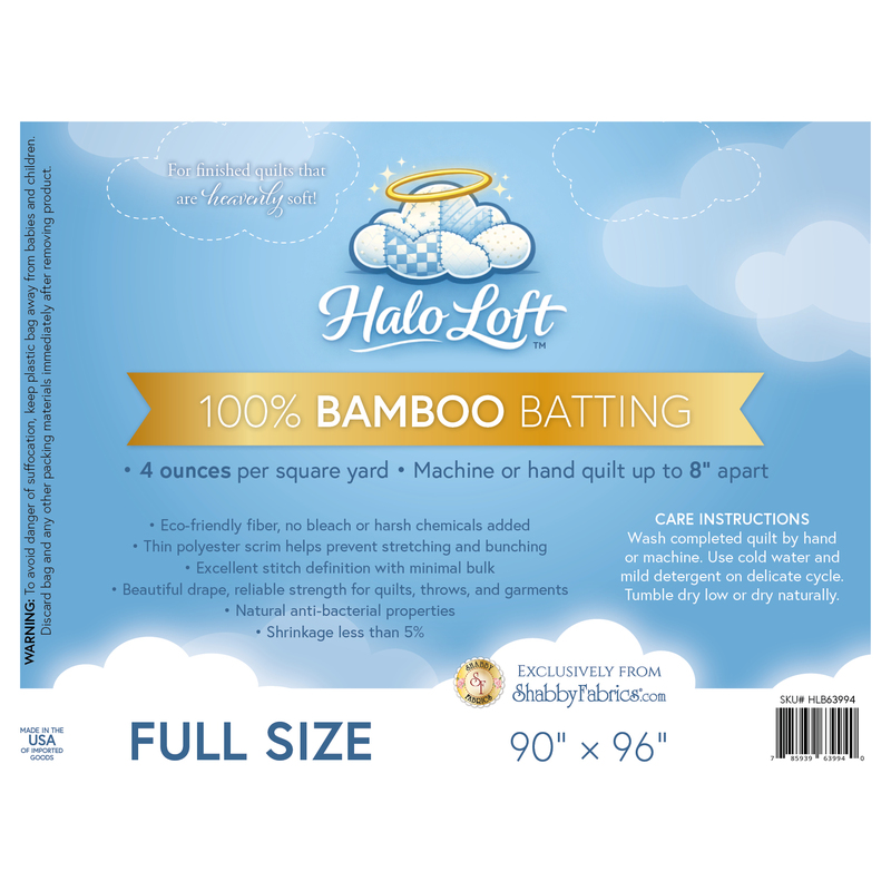 Label for Halo Loft full size batting, featuring bamboo material details and care instructions.