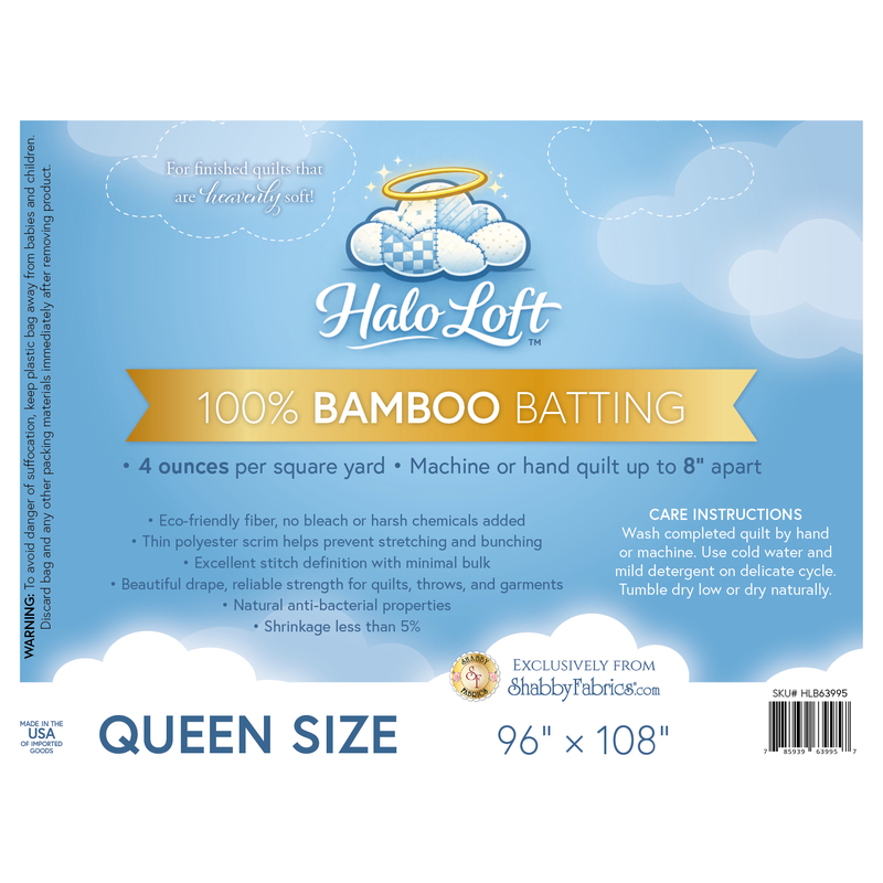 Label for Halo Loft queen size batting, featuring bamboo material details and care instructions.