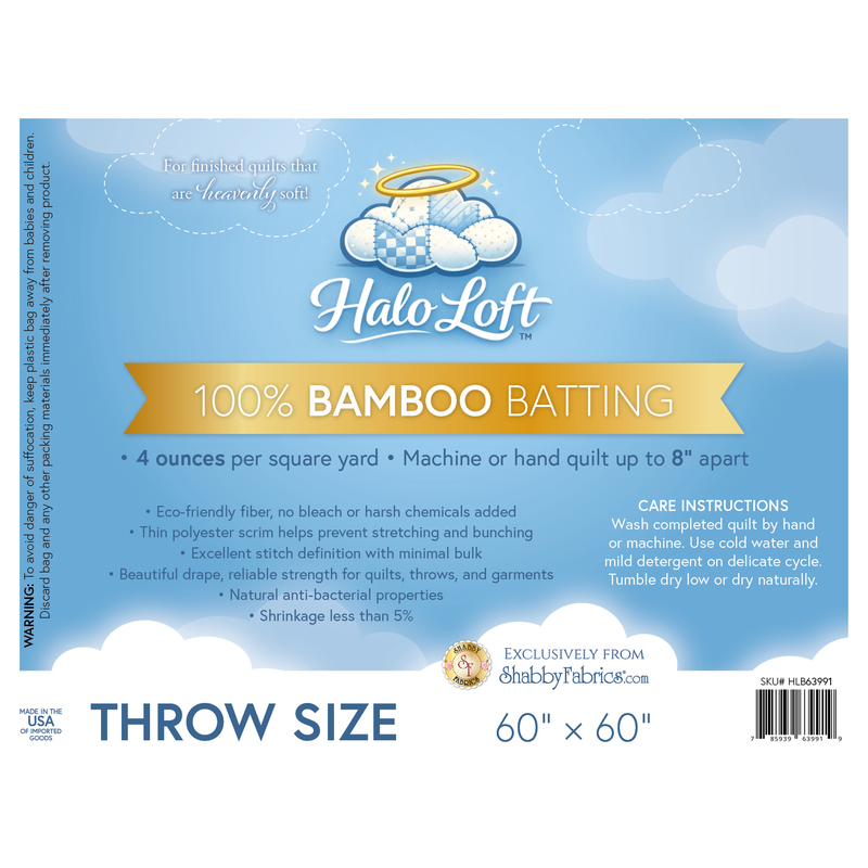 Label for Halo Loft throw size batting, featuring bamboo material details and care instructions.