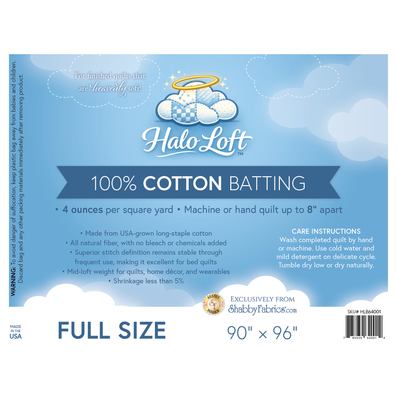Label for Halo Loft full size batting, featuring cotton material details and care instructions.