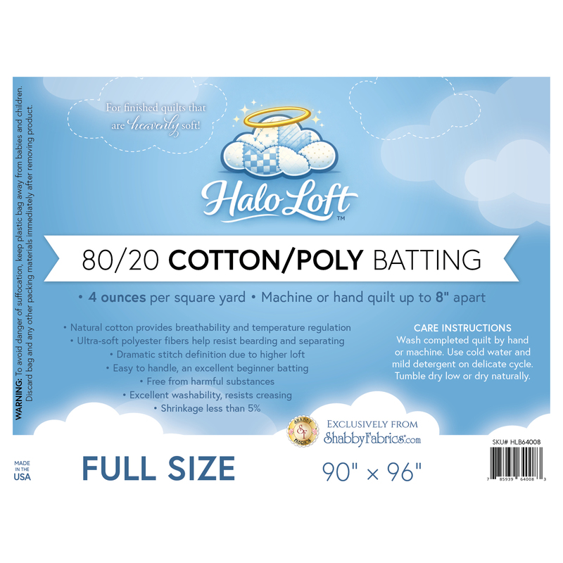 Label for Halo Loft full size batting, featuring a blue background, cloud halo graphic, and care instructions.