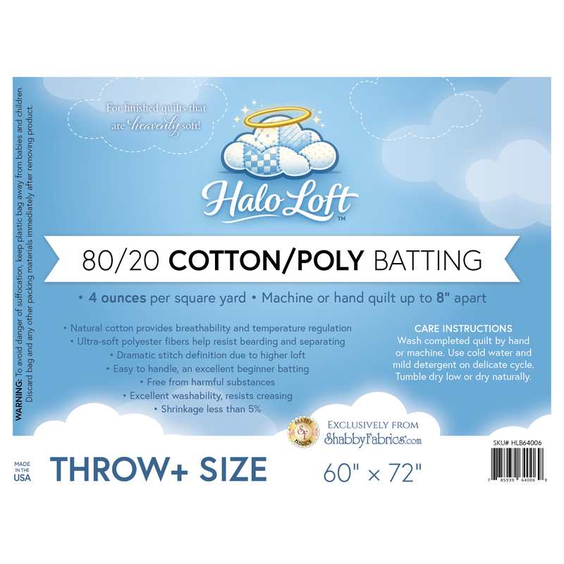 Label for Halo Loft throw plus size batting, featuring a blue background, cloud halo graphic, and care instructions.