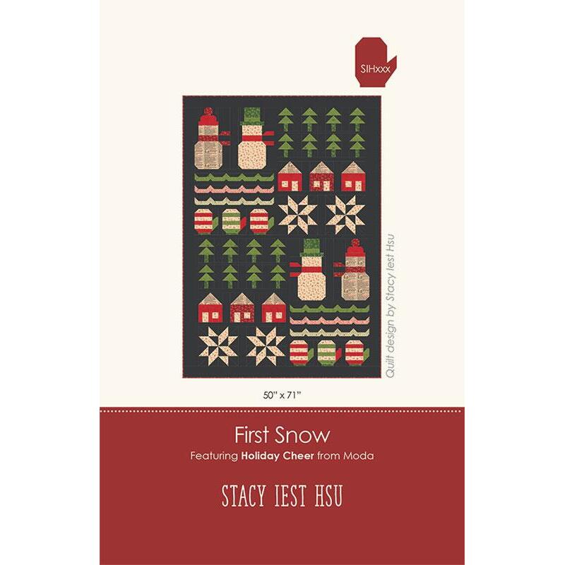 Quilt pattern titled First Snow featuring winter scenes with houses, trees, and stars on a dark background.