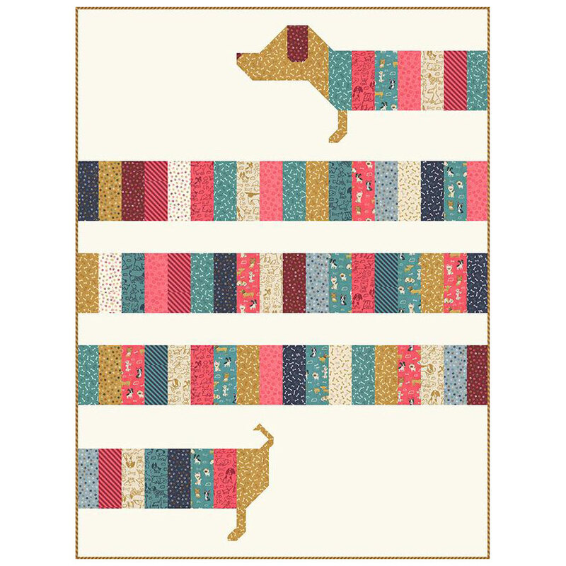 A fabric pattern with a stylized dog silhouette made of colorful stripes on a cream background.