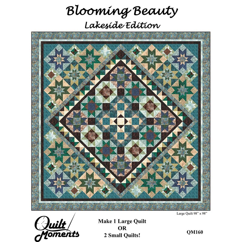 Colorful quilt design featuring star and geometric patterns in turquoise, navy, and earth tones.