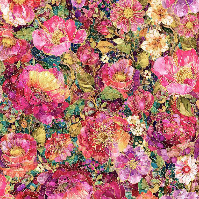 Packed magenta and pink flowers on a teal mosaic fabric.