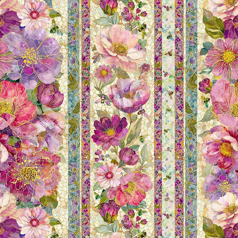 Florals packed onto a cream mosaic background separated by purple and teal mosaic stripes.