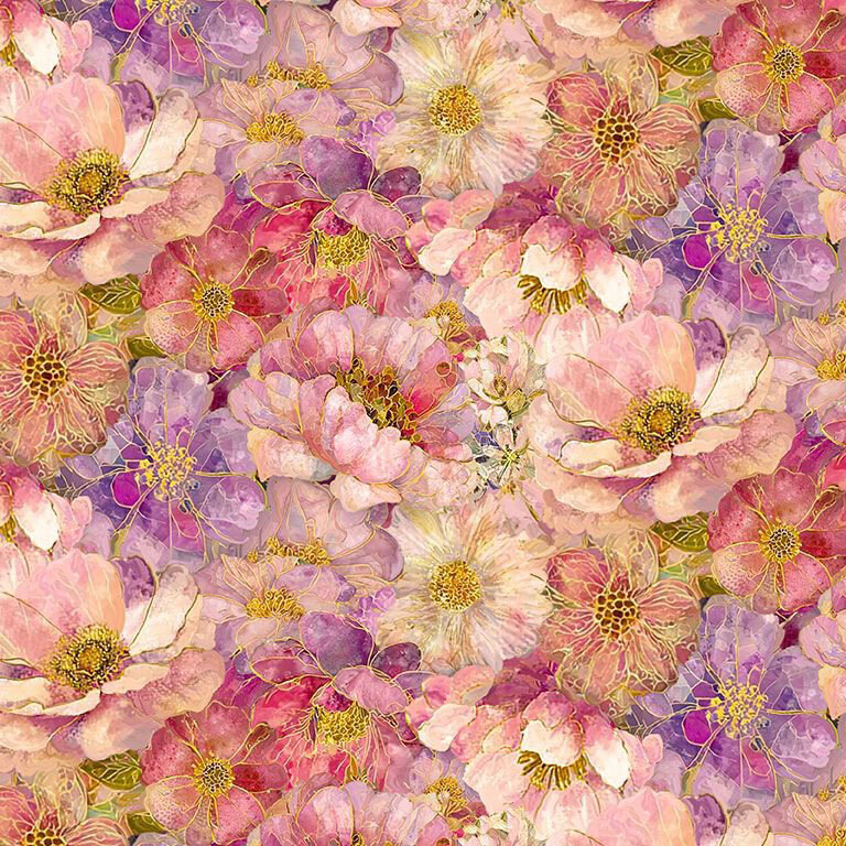 Purple and pink florals packed across the entire fabric.