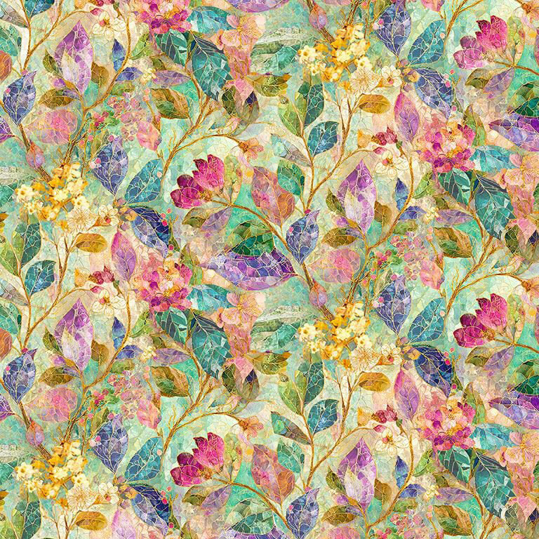 An assortment of pink, purple, and yellow buds strewn across a teal fabric.