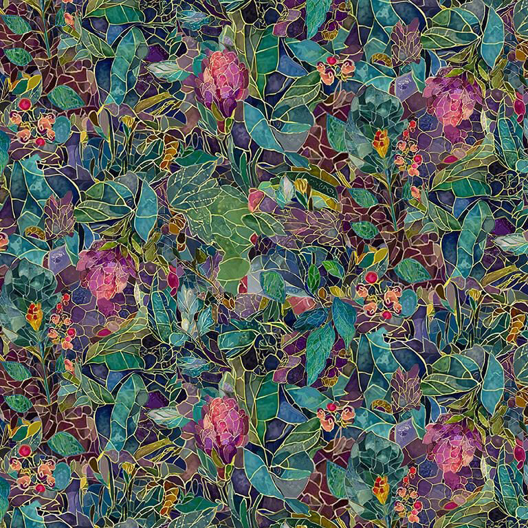 Packed mosaic fabric with magenta bulbs and teal leaves covering the fabric.