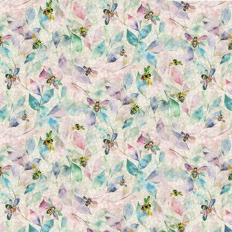 A light, iridescent colored mosaic fabric with leaves and bees laid across the fabric.
