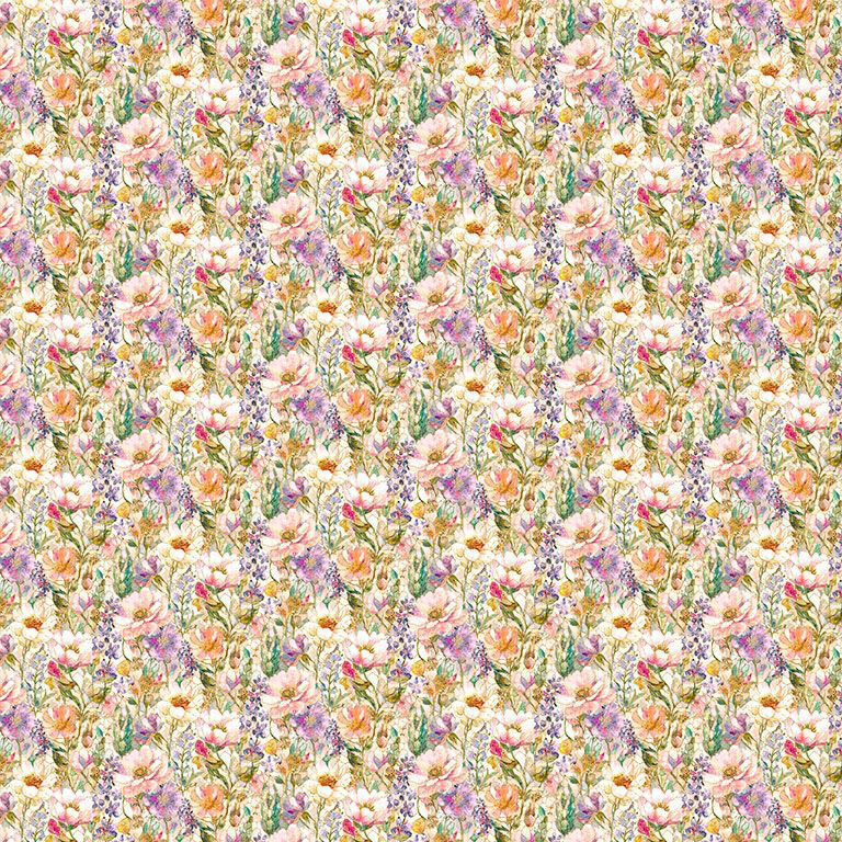 Small assorted florals packed onto a cream fabric.