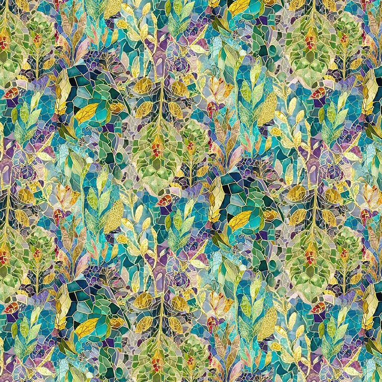 Green and yellow mosaic leaves packed onto a teal fabric.