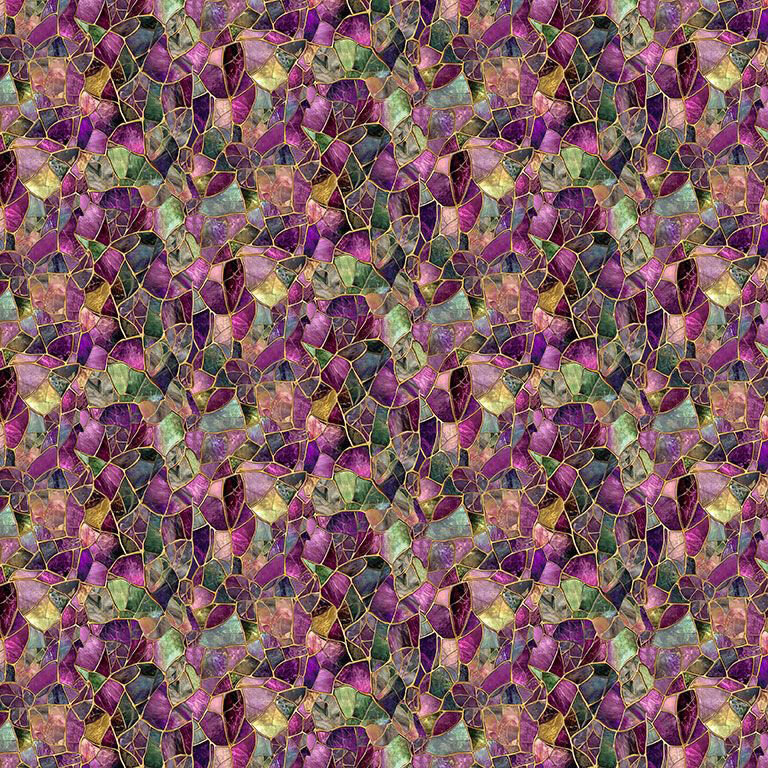 Multicolored mosaic fabric featuring magenta, purple, green, teal, and yellow.