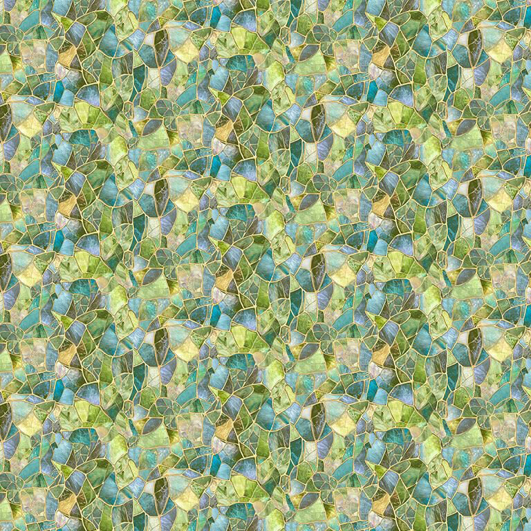 Green mosaic fabric featuring teals, turquoise, and yellow.