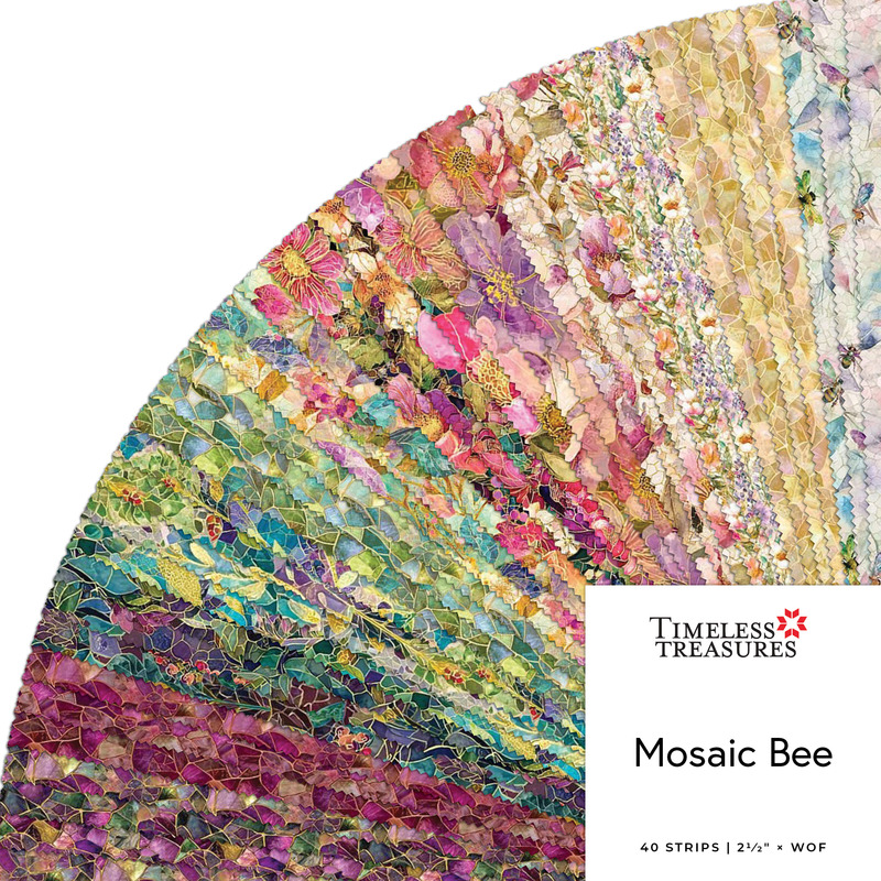 Collage of 40 2.5" mosaic strip roll cut fabrics from the Mosaic Bee collection for Timeless Treasures Fabrics.