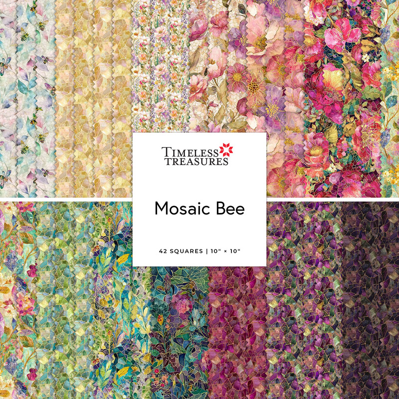Collage of 42 10" mosaic square cut fabrics from the Mosaic Bee collection for Timeless Treasures Fabrics.