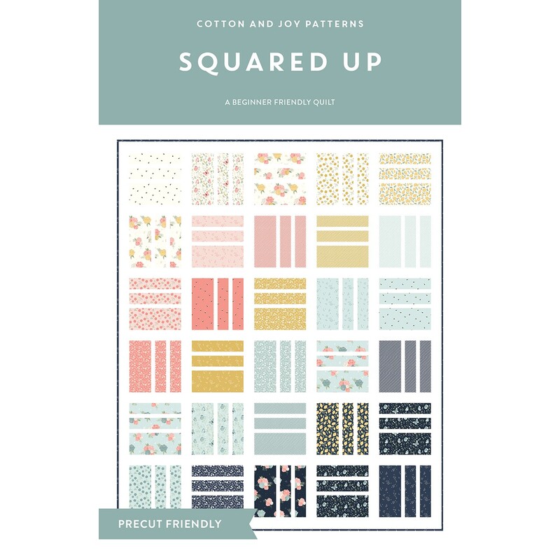 A quilt pattern titled Squared Up featuring various colorful geometric designs and floral prints.