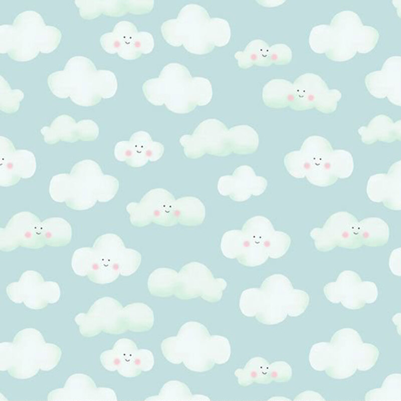 Soft baby cartoon clouds scattered on a light aqua fabric.