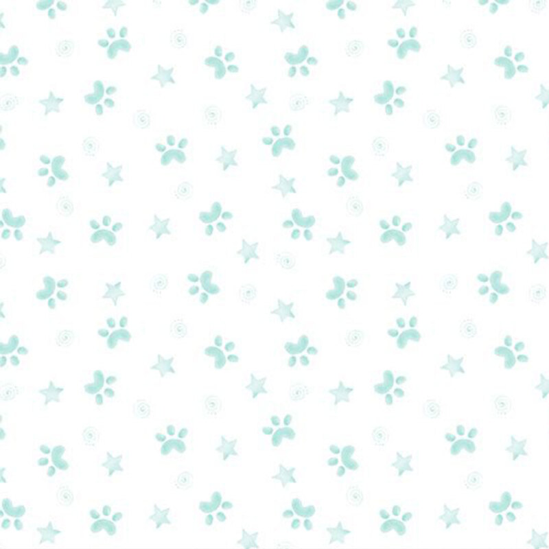 Aqua paw prints and stars tossed onto a white fabric.