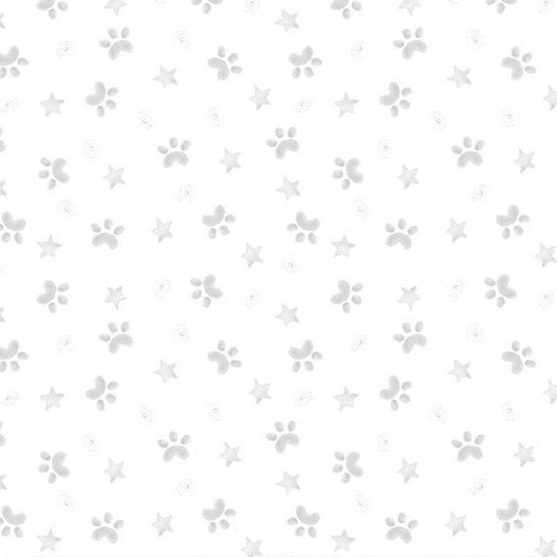 Gray paw prints and stars tossed onto a white fabric.